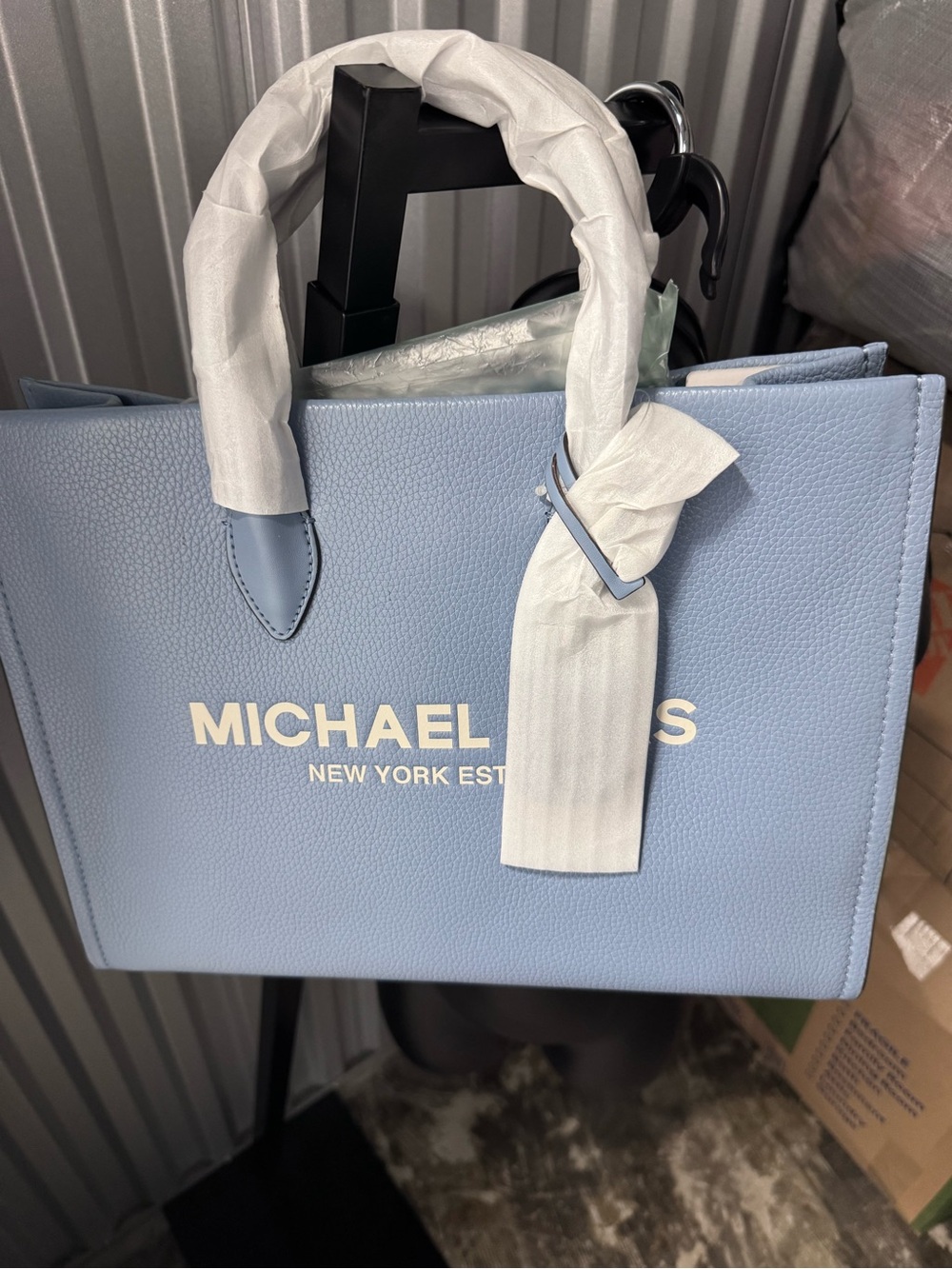 Michael Kors Powder Blue Pebbled Leather Tote with Gold Hardware